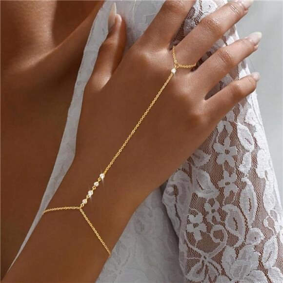 Women Gold Hand Chain Ring Bracelet14K Gold Plated Finger Ring Bracelet - Picture 2 of 7